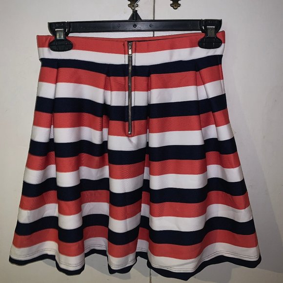 Navy, White, and Dusty Red Stripe Pleated Skirt - Picture 3 of 5